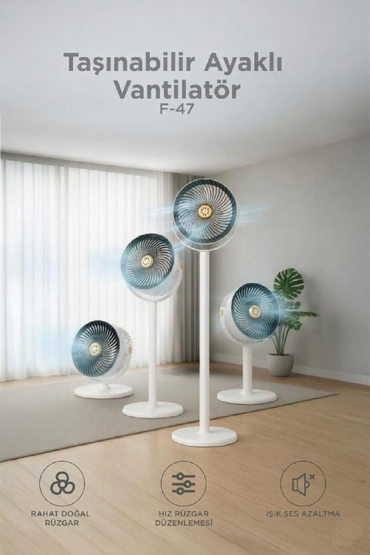 Sessiz Vantilatör Şarjlı 5 Kademeli Taşınabilir Ayarlanabilir Kablosuz Fan F47