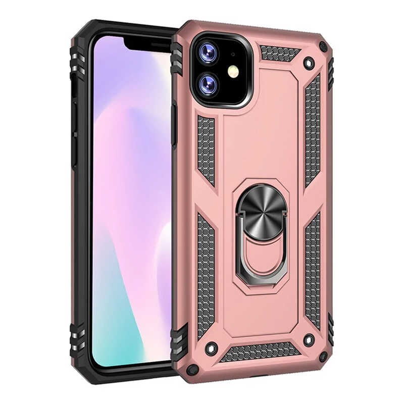 iPhone 11 Kılıf Vega Tank Sert Yüzüklü Standlı Zırh Koruma Kapak Rose Gold