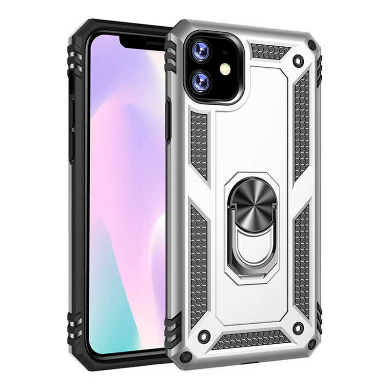 iPhone 11 Kılıf Vega Tank Sert Yüzüklü Standlı Zırh Koruma Kapak Gri