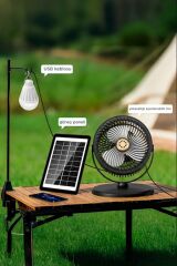 Güneş Panelli Vantilatör Şarjlı Ampüllü 5 Kademeli Taşınabilir Ayarlanabilir Kablosuz Fan F48