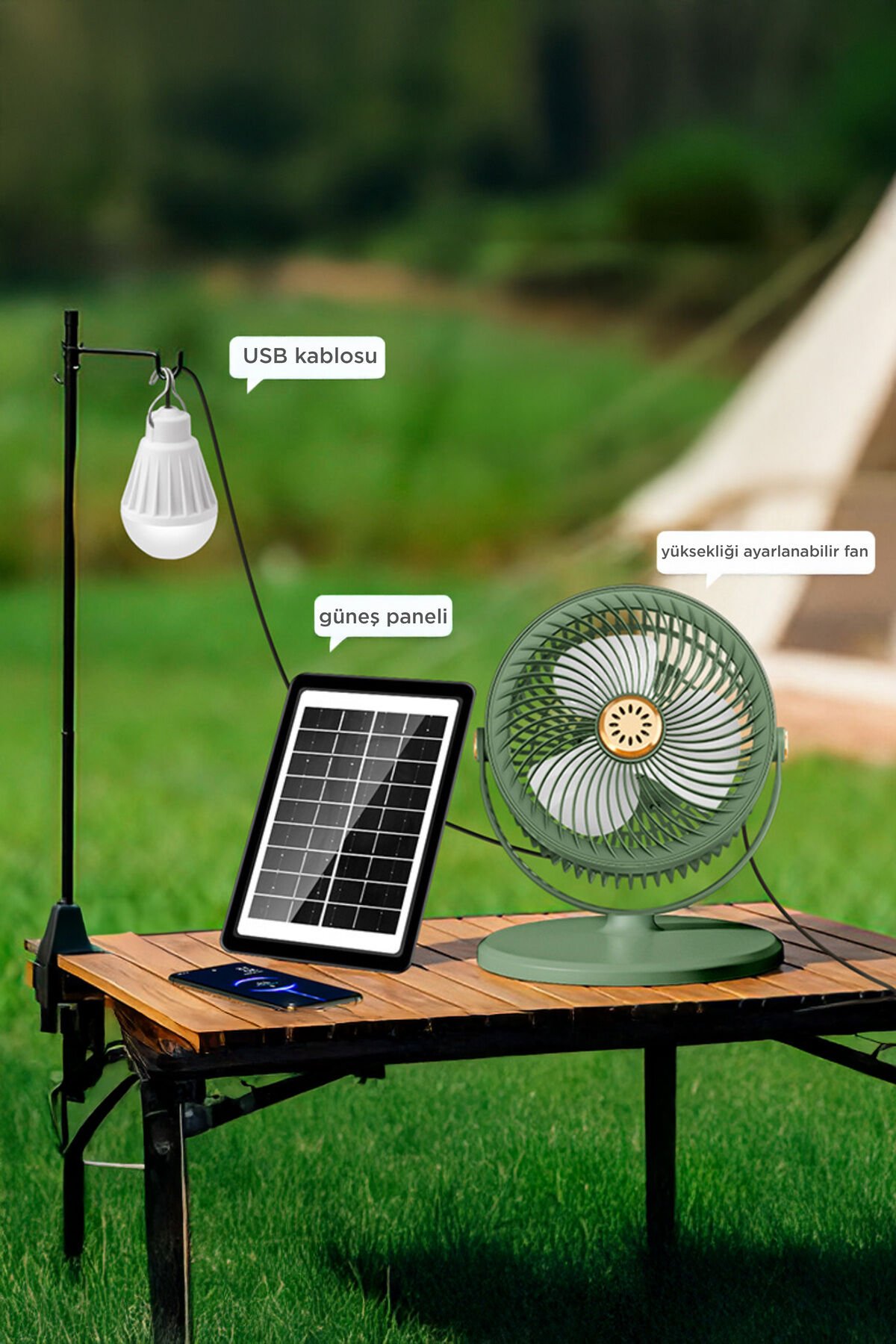 Güneş Panelli Vantilatör Şarjlı Ampüllü 5 Kademeli Taşınabilir Ayarlanabilir Kablosuz Fan F48