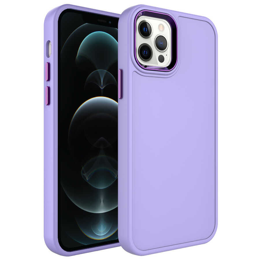 iPhone 13 Pro Max Kılıf Metal Çerçeve ve Buton Tasarımlı Sert  Botox Kapak Lila