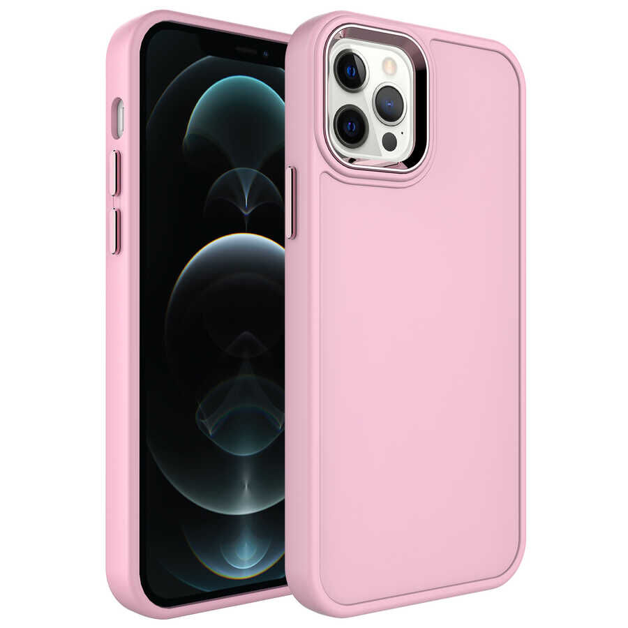 iPhone 13 Pro Max Kılıf Metal Çerçeve ve Buton Tasarımlı Sert  Botox Kapak Pembe Açık