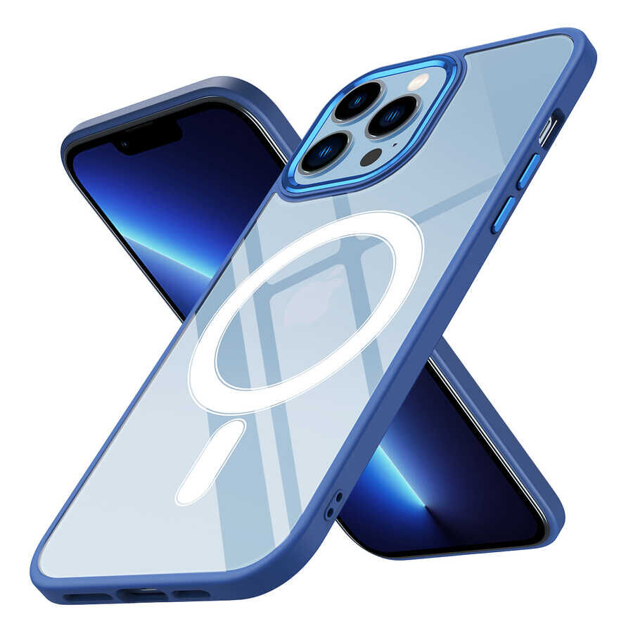 iPhone 12 Pro Kılıf Wireless Şarj Özellikli Krom Magsafe Silikon Kapak Lacivert