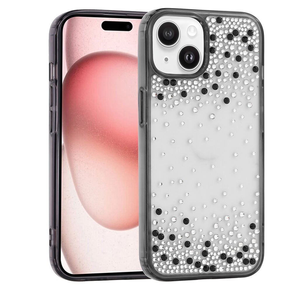 iPhone 15 Kılıf Airbag Tasarımlı Damla Taşlı Şeffaf Pera Silikon Kapak Siyah