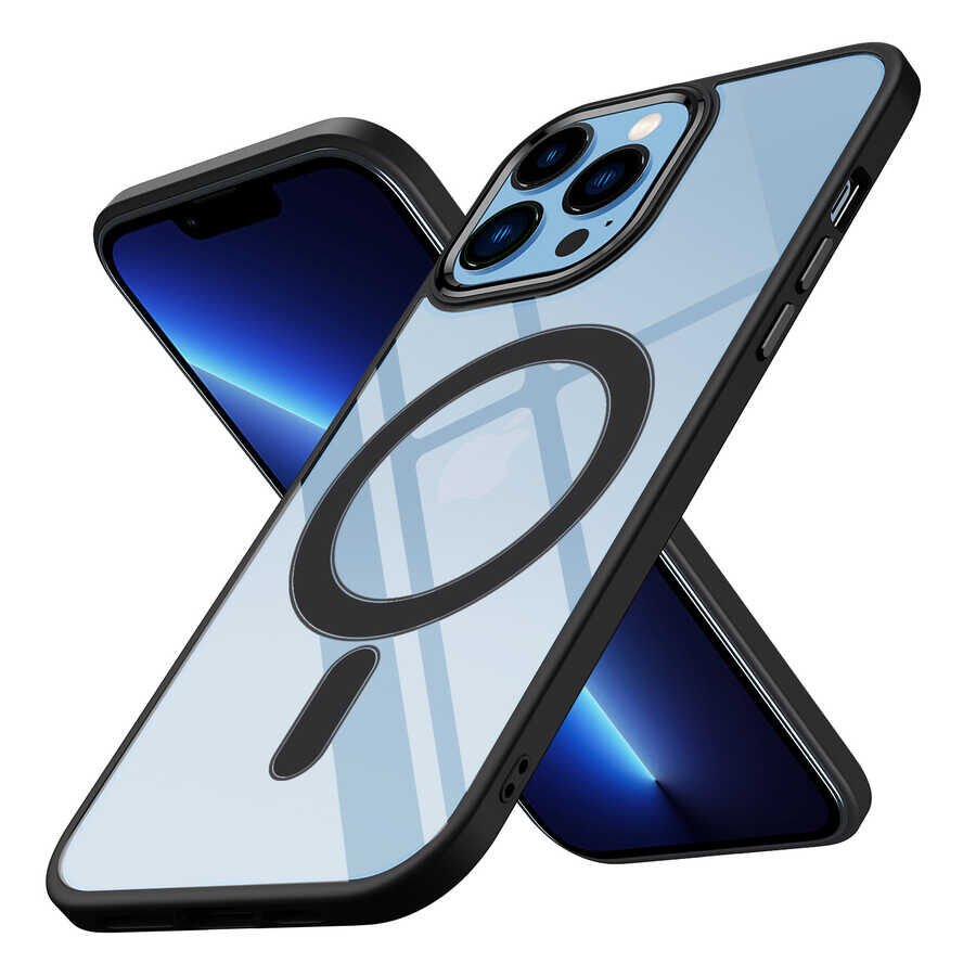 iPhone 12 Pro Kılıf Wireless Şarj Özellikli Krom Magsafe Silikon Kapak Siyah