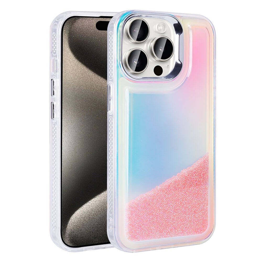 iPhone 15 Pro Max Kılıf Airbagli Renkli Arka Yüzey Boncuk Tasarımlı Kumul Kapak Pembe