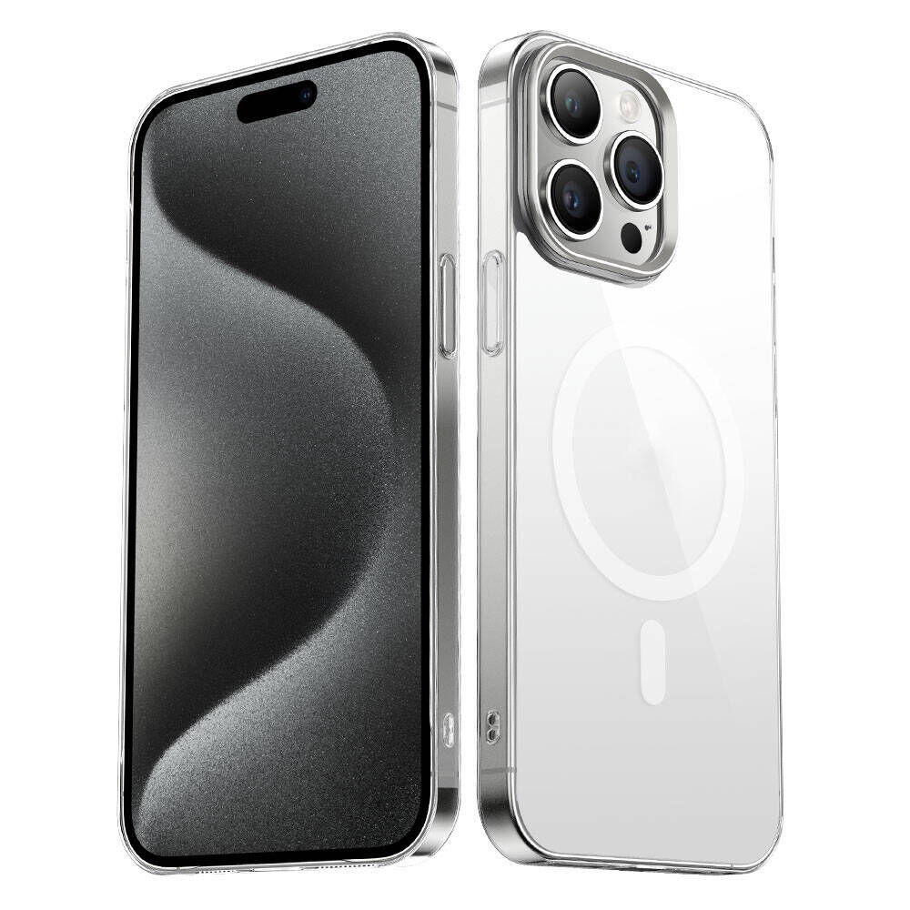 iPhone 15 Pro Kılıf Wireless Şarj Özellikli Şeffaf G-Glass Kapak Kılıf Gümüş