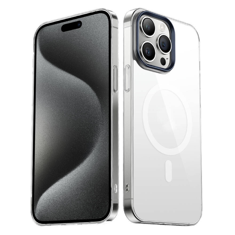 iPhone 15 Pro Kılıf Wireless Şarj Özellikli Şeffaf G-Glass Kapak Kılıf Lacivert