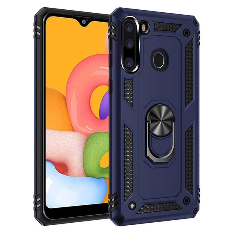 Samsung Galaxy A21 Kılıf Vega Tank Sert Yüzüklü Standlı Zırh Koruma Kapak Mavi