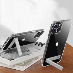 iPhone 13 Kılıf Standlı Şeffaf Silikon  L-Stand Kapak Renksiz