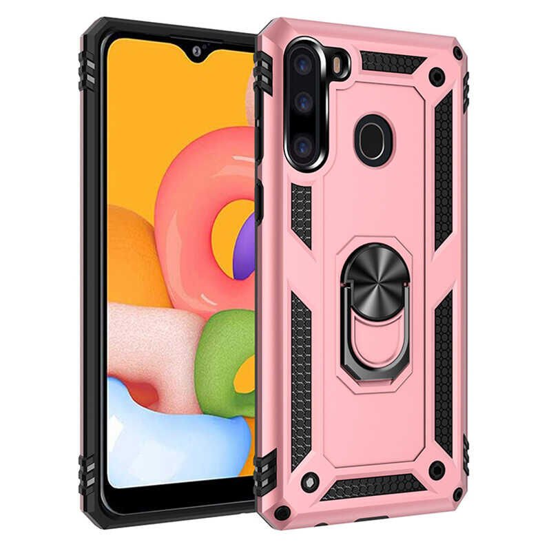 Samsung Galaxy A21 Kılıf Vega Tank Sert Yüzüklü Standlı Zırh Koruma Kapak Rose Gold