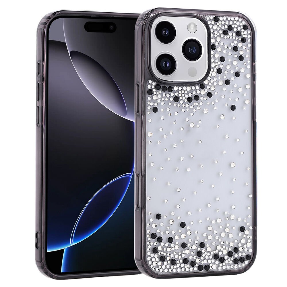 iPhone 16 Pro Max Kılıf Airbag Tasarımlı Damla Taşlı Şeffaf Pera Silikon Kapak Siyah