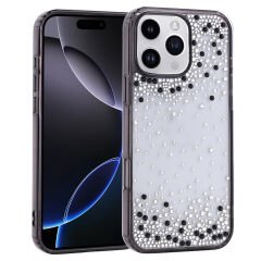 iPhone 16 Pro Max Kılıf Airbag Tasarımlı Damla Taşlı Şeffaf Pera Silikon Kapak Siyah