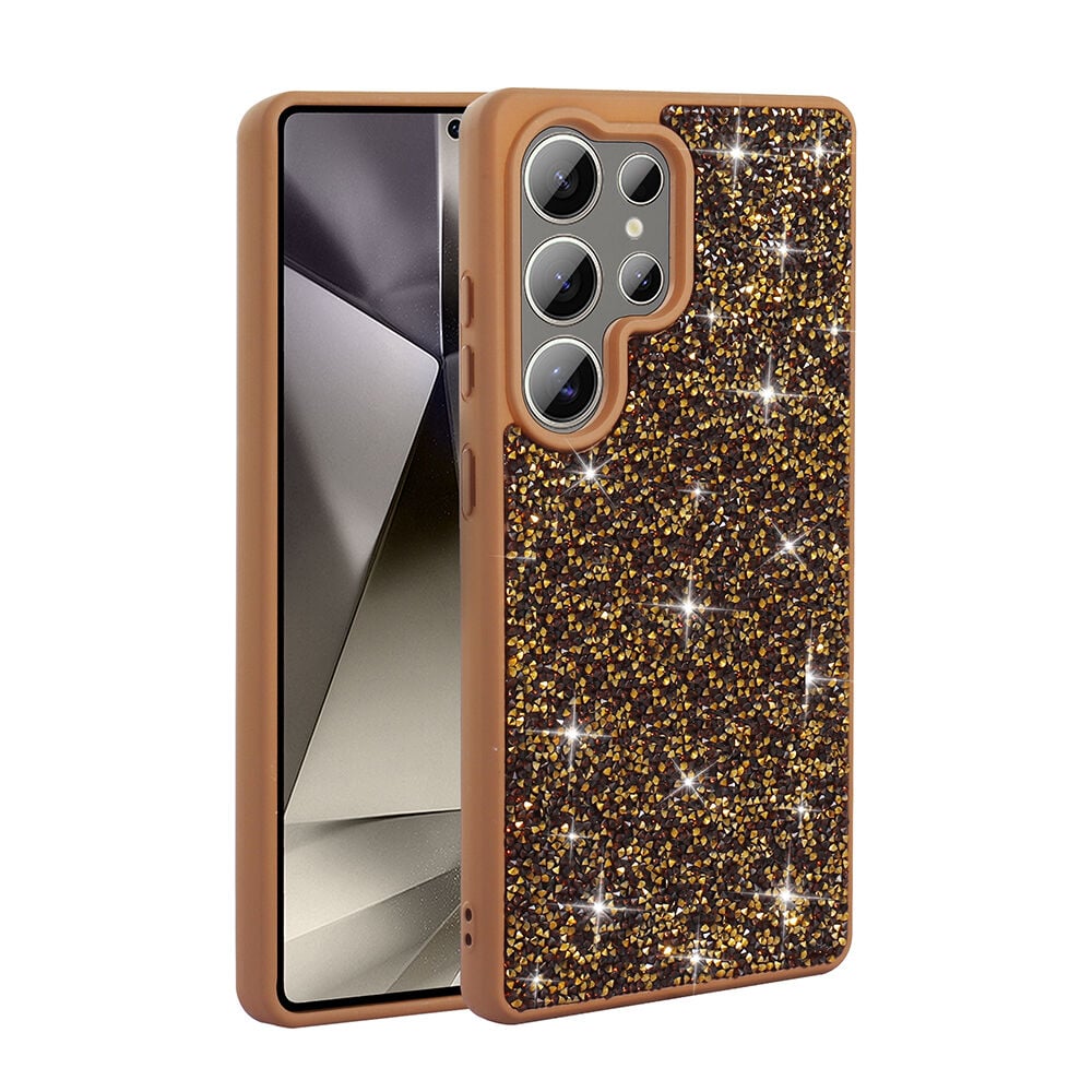 Samsung Galaxy S22 Ultra Kılıf Parlak Taşlı Tasarım Pırlanta Kapak Gold
