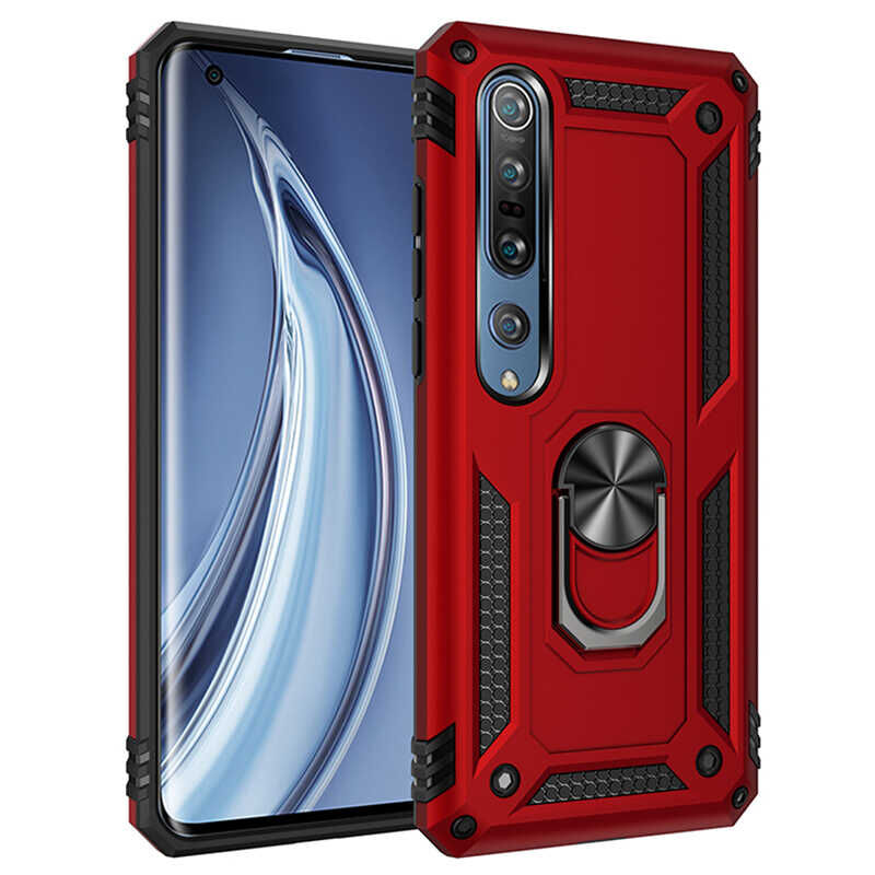 Xiaomi Mi Note 10 Lite Kılıf Vega Tank Sert Yüzüklü Standlı Zırh Koruma Kapak Kırmızı