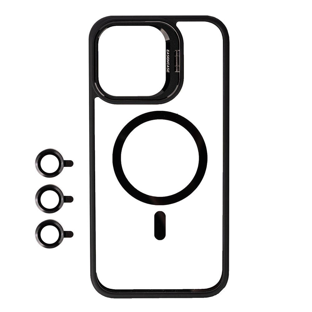 iPhone 15 Pro Kılıf Magsafe Wireless Şarj Özellikli Standlı Magsafe Klon Lensli Kapak Kılıf Siyah