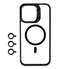 iPhone 15 Pro Kılıf Magsafe Wireless Şarj Özellikli Standlı Magsafe Klon Lensli Kapak Kılıf Siyah