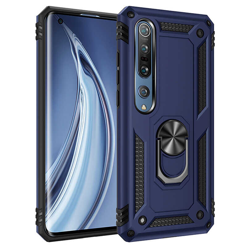 Xiaomi Mi Note 10 Lite Kılıf Vega Tank Sert Yüzüklü Standlı Zırh Koruma Kapak Mavi