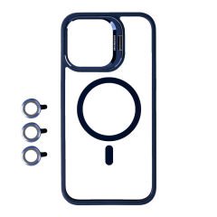 iPhone 15 Pro Kılıf Magsafe Wireless Şarj Özellikli Standlı Magsafe Klon Lensli Kapak Kılıf Lacivert