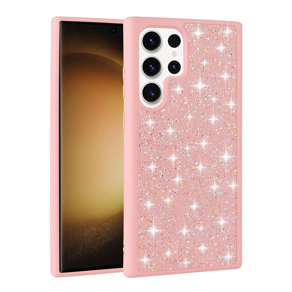 Samsung Galaxy S22 Ultra Kılıf Parlak Taşlı Tasarım Pırlanta Kapak Pembe