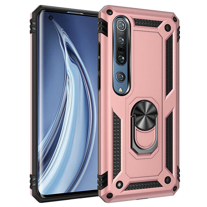 Xiaomi Mi Note 10 Lite Kılıf Vega Tank Sert Yüzüklü Standlı Zırh Koruma Kapak Rose Gold