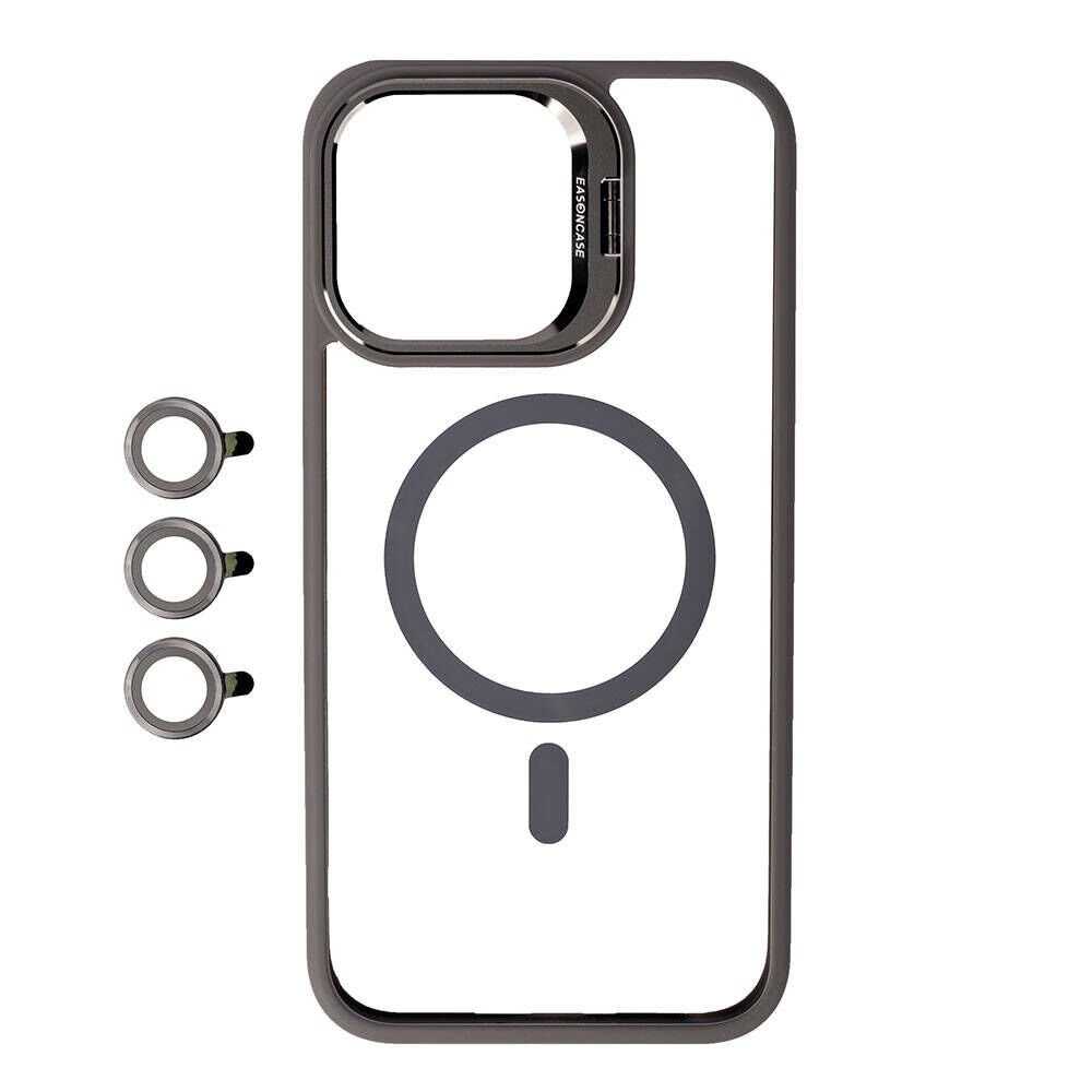 iPhone 15 Pro Kılıf Magsafe Wireless Şarj Özellikli Standlı Magsafe Klon Lensli Kapak Kılıf Gri