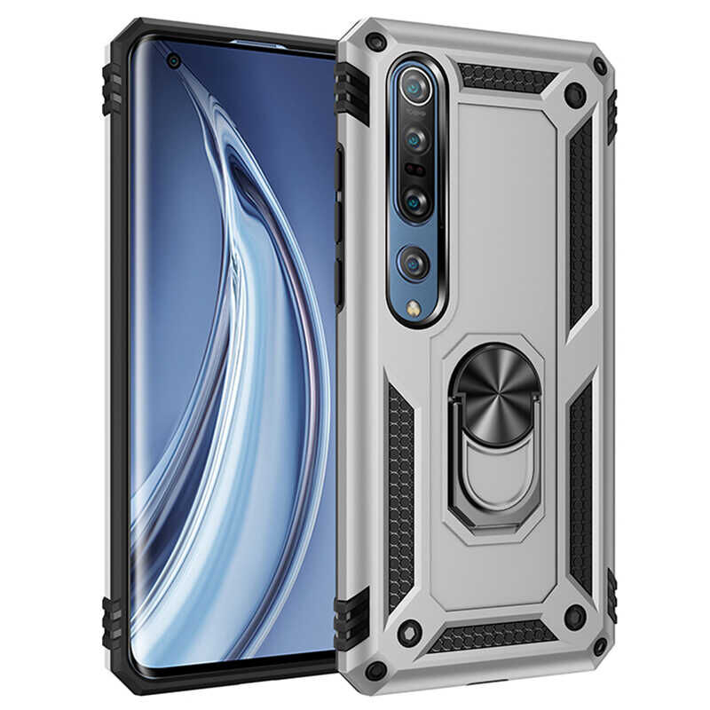 Xiaomi Mi Note 10 Lite Kılıf Vega Tank Sert Yüzüklü Standlı Zırh Koruma Kapak Gri