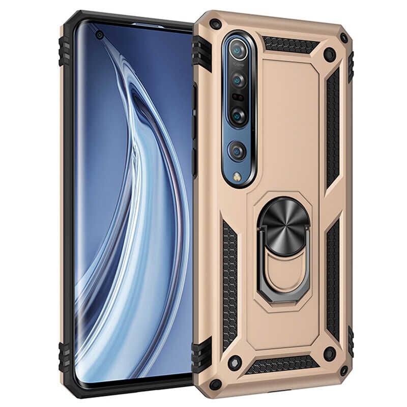 Xiaomi Mi Note 10 Lite Kılıf Vega Tank Sert Yüzüklü Standlı Zırh Koruma Kapak Gold