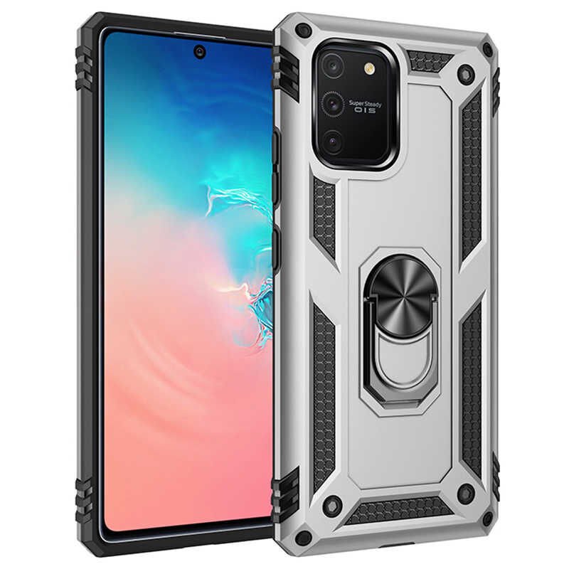 Samsung Galaxy A91 (S10 Lite) Kılıf Vega Tank Sert Yüzüklü Standlı Zırh Koruma Kapak Gri