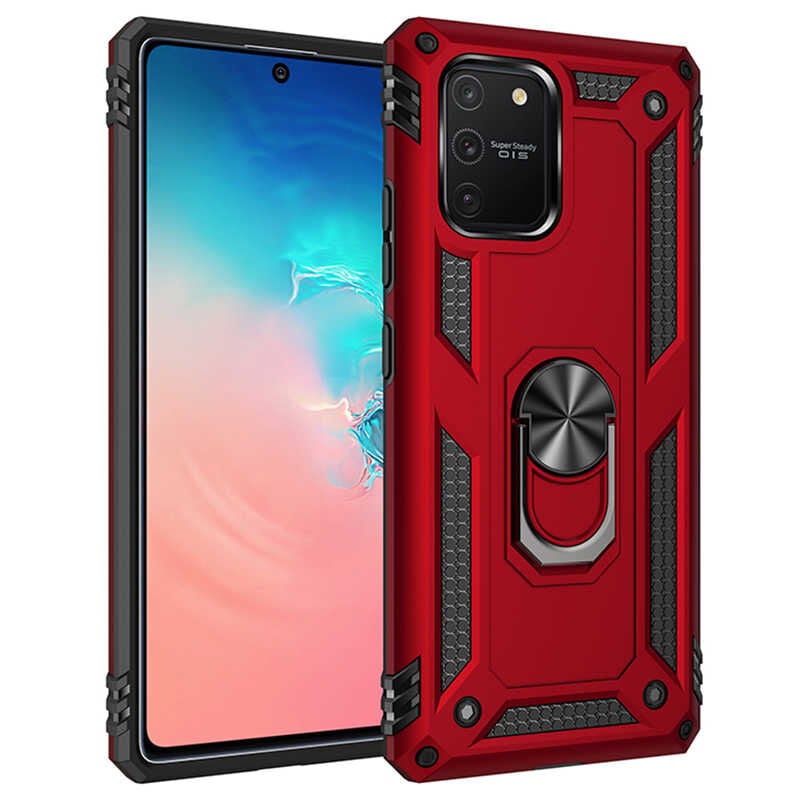 Samsung Galaxy A91 (S10 Lite) Kılıf Vega Tank Sert Yüzüklü Standlı Zırh Koruma Kapak Kırmızı