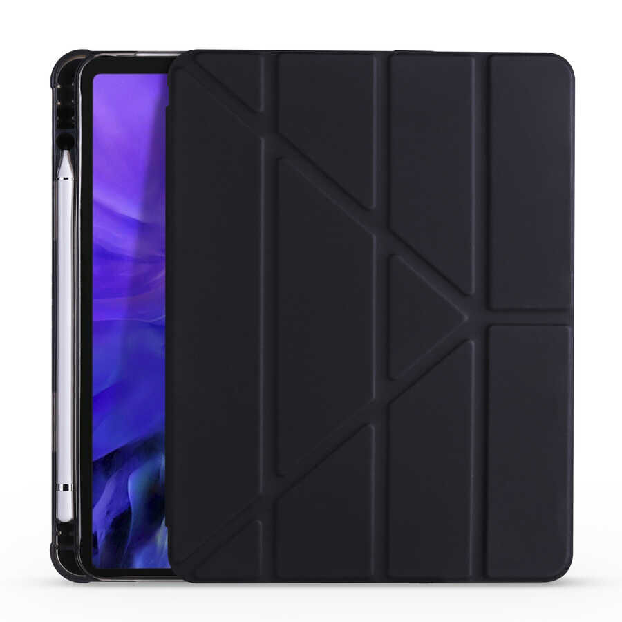 Apple iPad Air 11 2024 Kılıf Tri Folding Kalem Bölmeli Standlı Kılıf Siyah