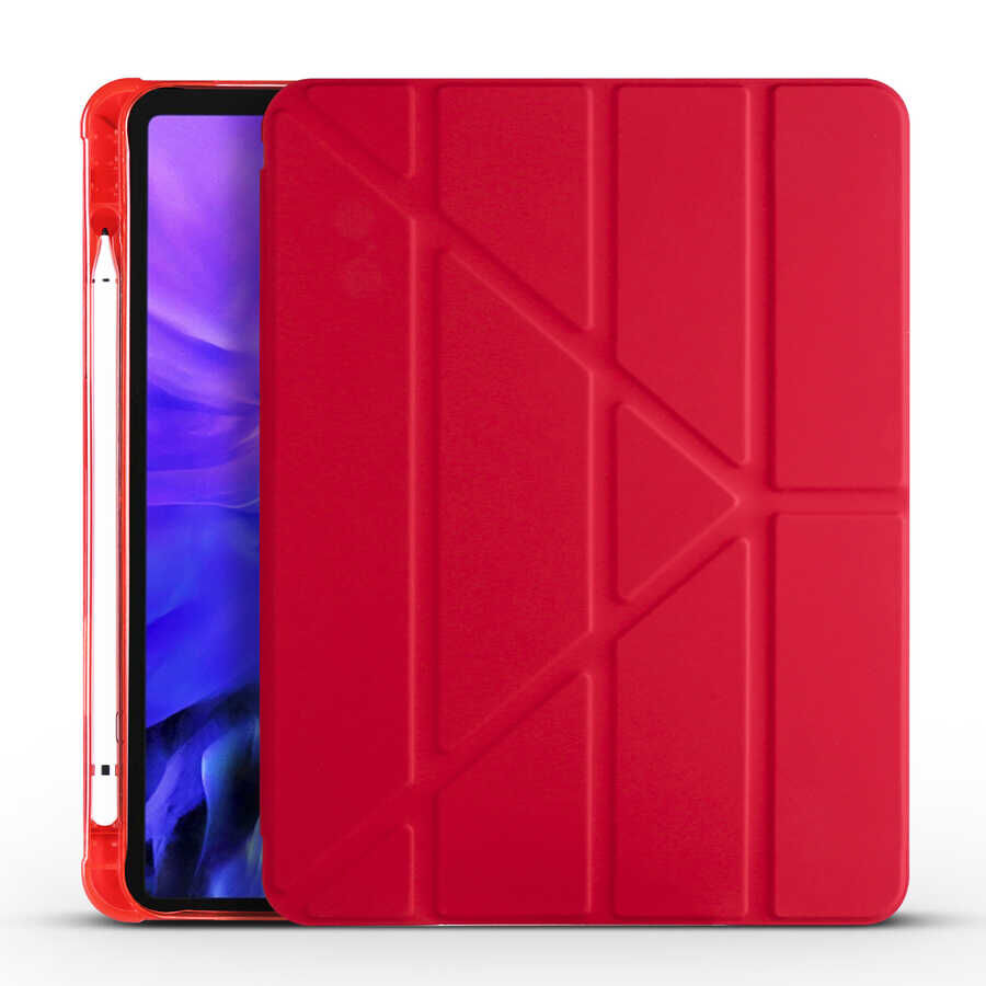Apple iPad Air 11 2024 Kılıf Tri Folding Kalem Bölmeli Standlı Kılıf Kırmızı