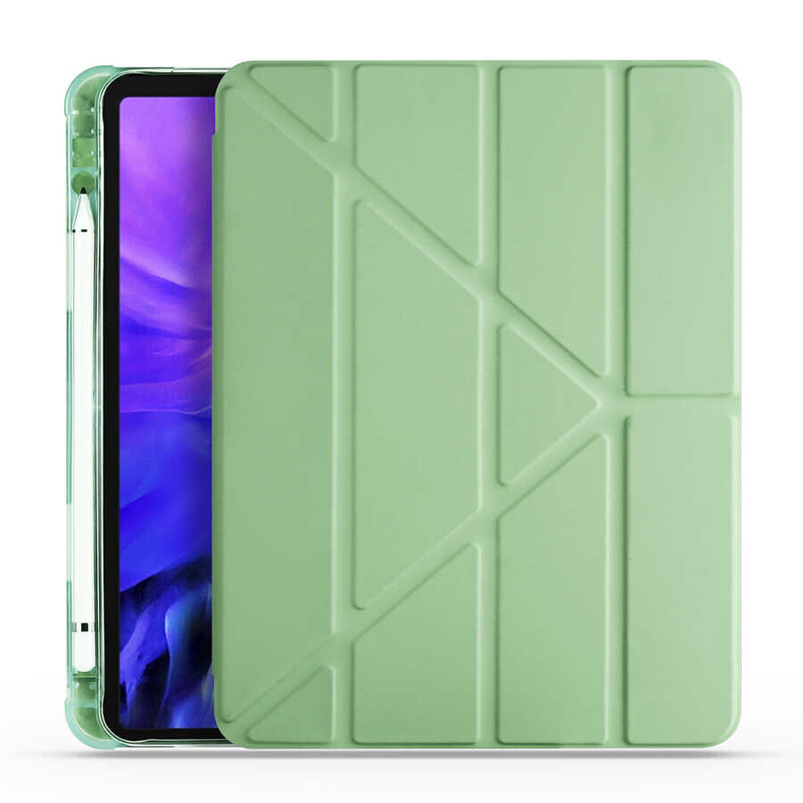 Apple iPad Air 11 2024 Kılıf Tri Folding Kalem Bölmeli Standlı Kılıf Açık Yeşil