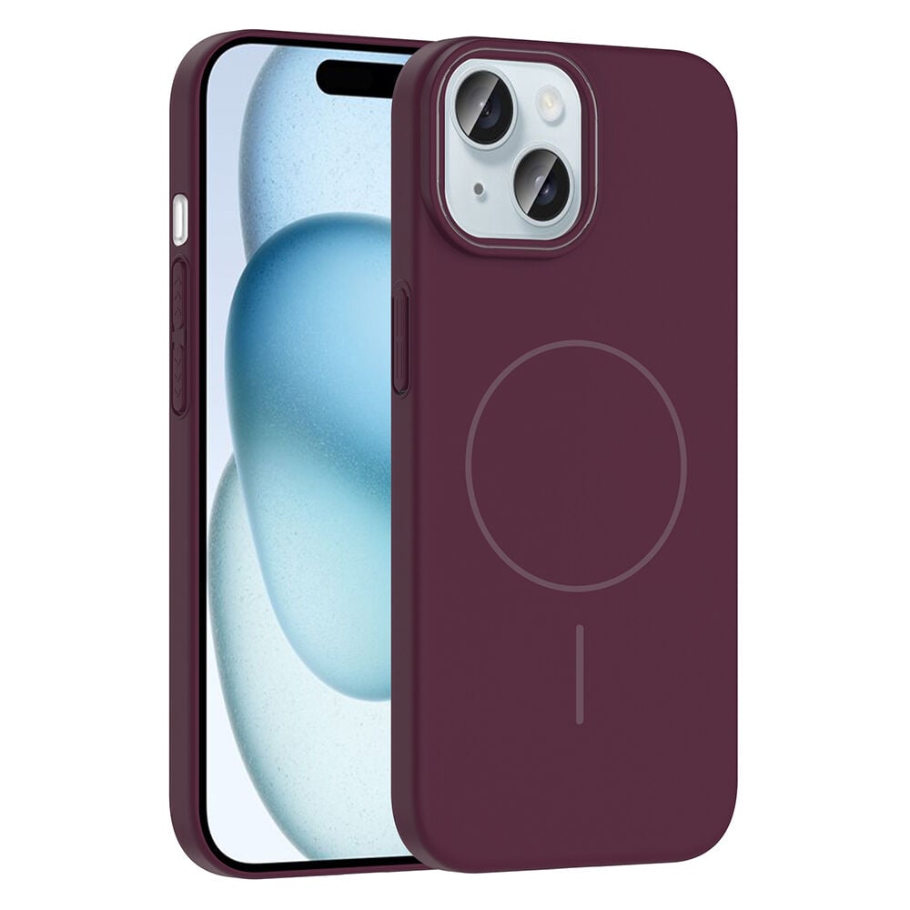 iPhone 15 Kılıf Kablosuz Şarj Özellikli Ruby Silikon Kapak Mürdüm