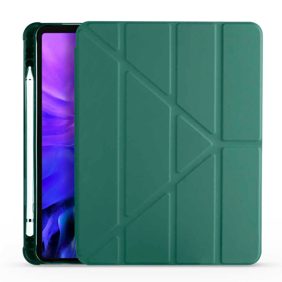 Apple iPad Air 11 2024 Kılıf Tri Folding Kalem Bölmeli Standlı Kılıf Koyu Yeşil
