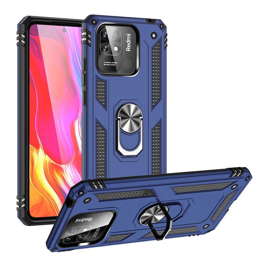 Xiaomi Redmi 10C Kılıf Vega Tank Sert Yüzüklü Standlı Zırh Koruma Kapak Mavi