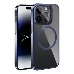iPhone 15 Pro Kılıf Magsafe Wireless Şarj Özellikli Standlı Klon Kapak Kılıf Lacivert
