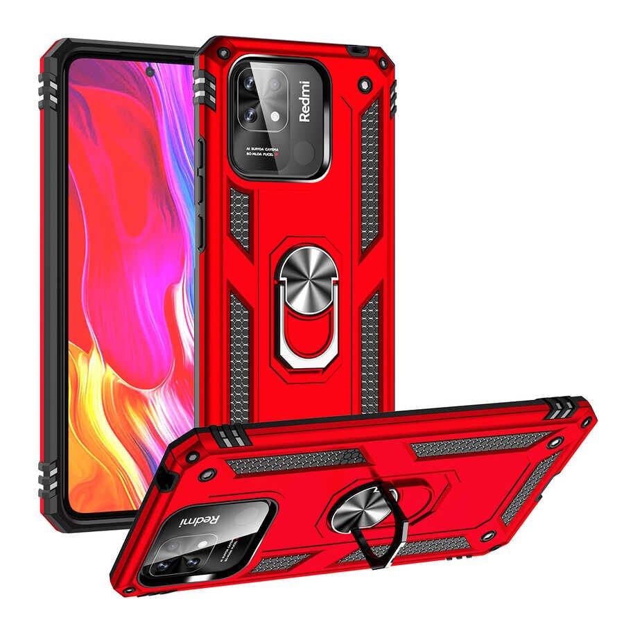 Xiaomi Redmi 10C Kılıf Vega Tank Sert Yüzüklü Standlı Zırh Koruma Kapak Kırmızı