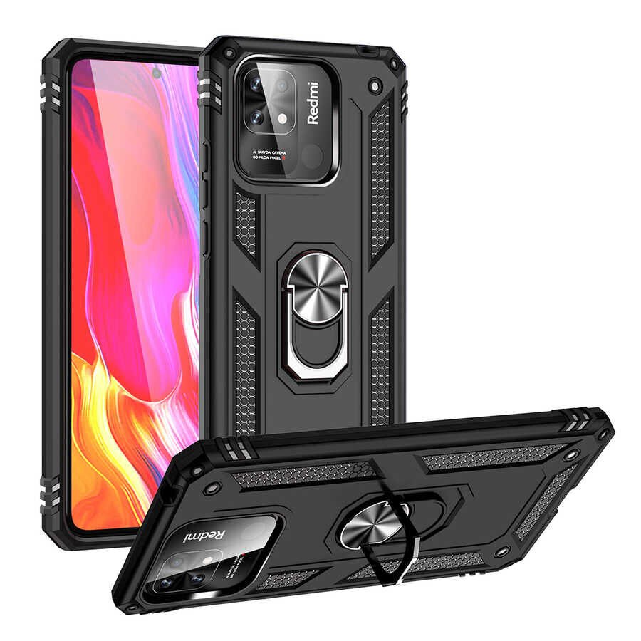 Xiaomi Redmi 10C Kılıf Vega Tank Sert Yüzüklü Standlı Zırh Koruma Kapak Siyah