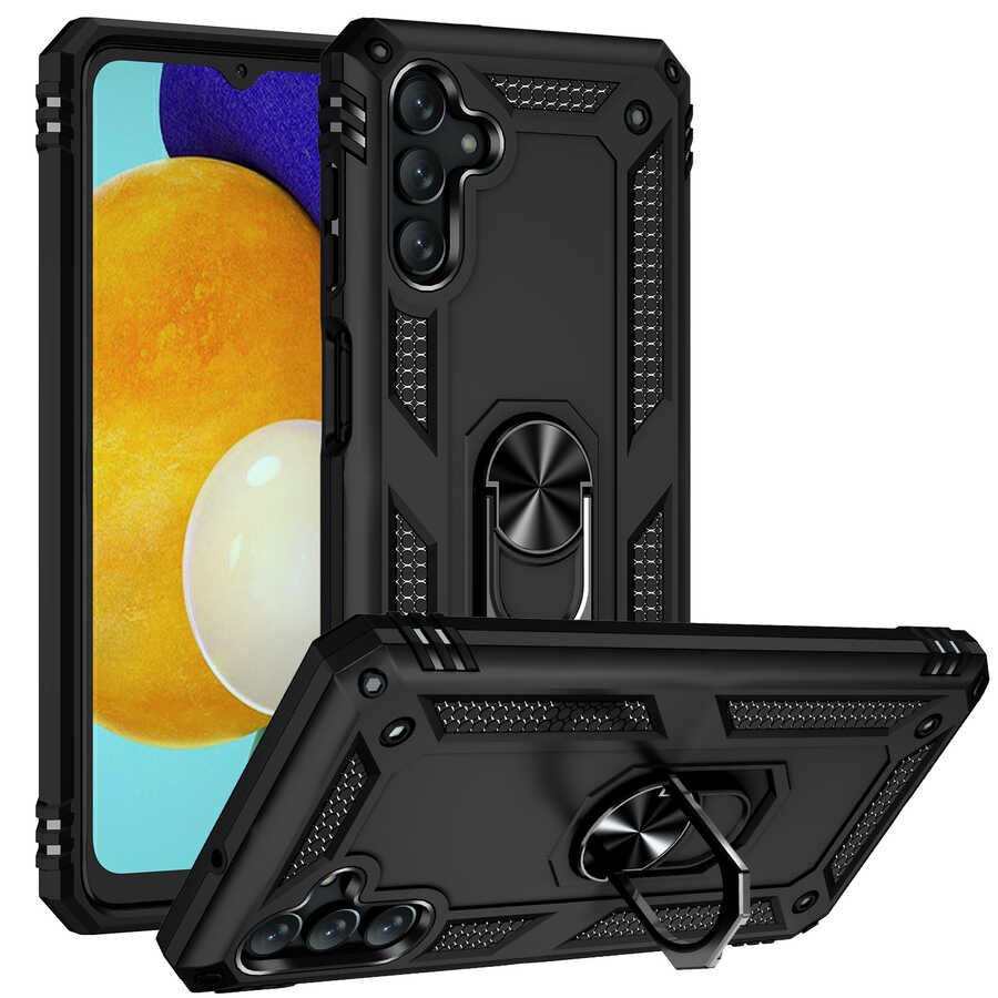 Samsung Galaxy A04S Kılıf Vega Tank Sert Yüzüklü Standlı Zırh Koruma Kapak Siyah