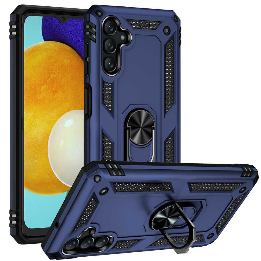 Samsung Galaxy A04S Kılıf Vega Tank Sert Yüzüklü Standlı Zırh Koruma Kapak Mavi