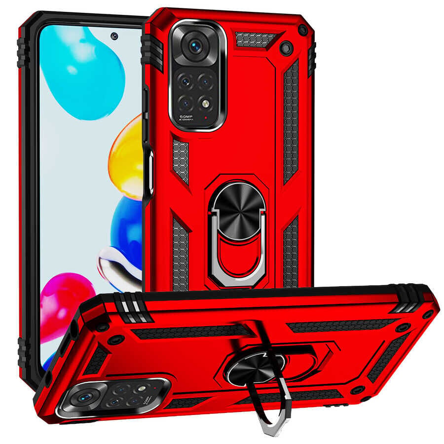 Xiaomi Redmi Note 11S Global Kılıf Vega Tank Sert Yüzüklü Standlı Zırh Koruma Kapak Kırmızı
