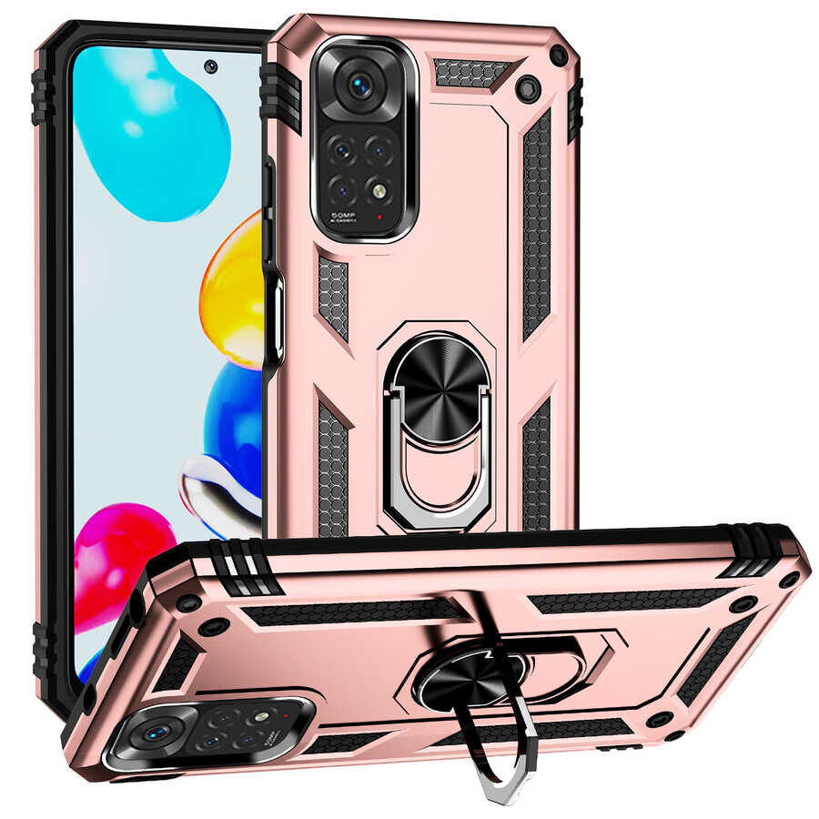 Xiaomi Redmi Note 11S Global Kılıf Vega Tank Sert Yüzüklü Standlı Zırh Koruma Kapak Rose Gold