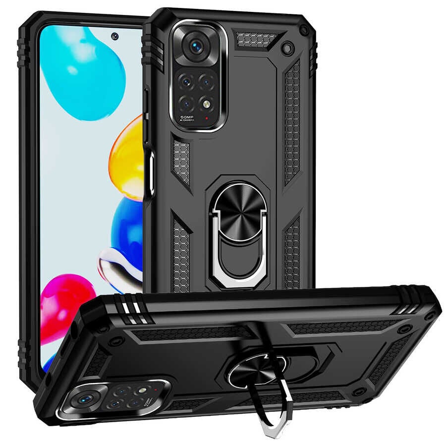 Xiaomi Redmi Note 11 Global Kılıf Vega Tank Sert Yüzüklü Standlı Zırh Koruma Kapak Siyah
