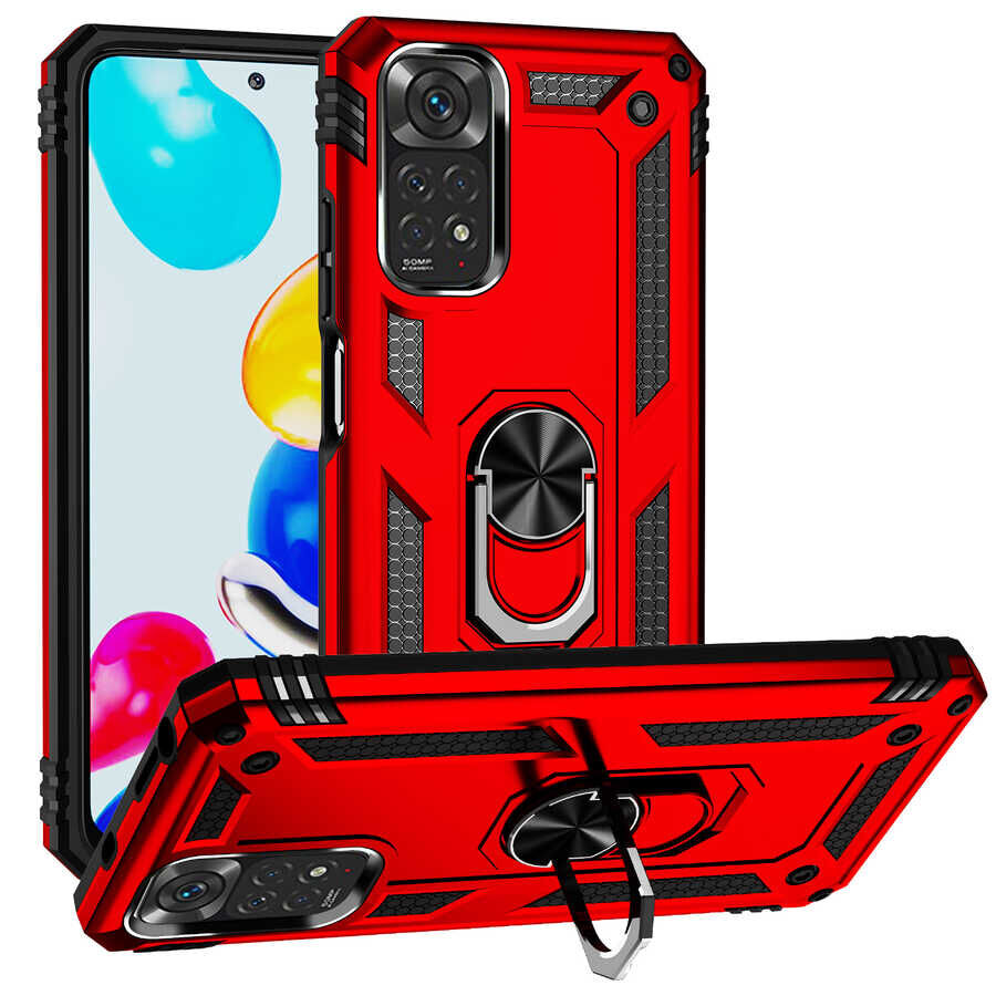 Xiaomi Redmi Note 11 Global Kılıf Vega Tank Sert Yüzüklü Standlı Zırh Koruma Kapak Kırmızı