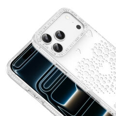 iPhone 18 Pro Max Uyumlu Kalpli Işıltılı Damla Taşlı Şeffaf Kenarlı Rivas Sert PC Koruyucu Telefon Kılıf