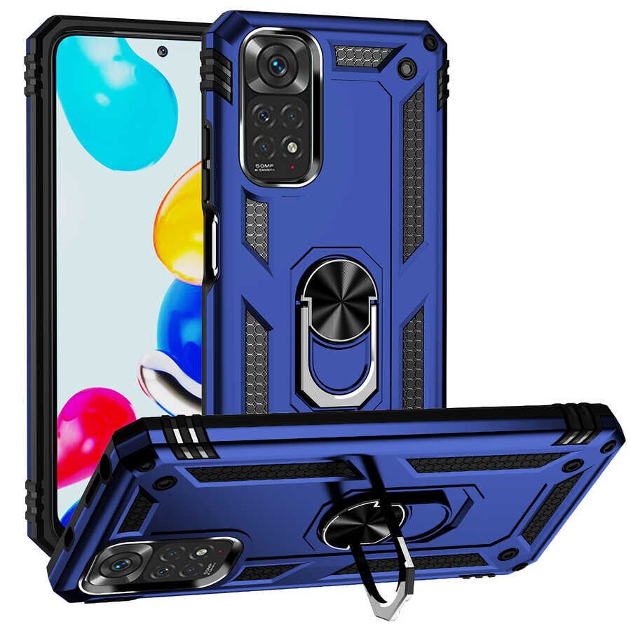 Xiaomi Redmi Note 11 Global Kılıf Vega Tank Sert Yüzüklü Standlı Zırh Koruma Kapak Mavi