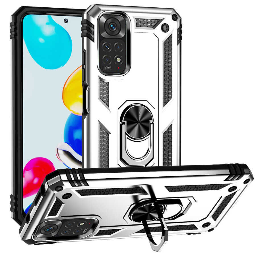 Xiaomi Redmi Note 11 Global Kılıf Vega Tank Sert Yüzüklü Standlı Zırh Koruma Kapak Gri