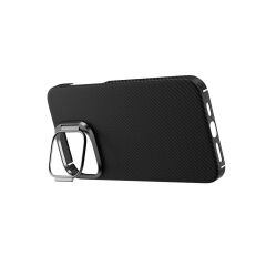 iPhone 15 Pro Max Kılıf Magsafe Şarj Özellikli 600D Kevlar Krek Karbon Standlı Kapak Siyah